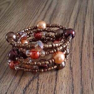 Elegant Coiled Wrap Beaded Bracelet in Brown and Orange EUC